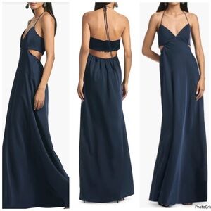 TNWT Sachin & Babi Alexandra Halter Gown Navy $285 Cutout Maxi - Size 6